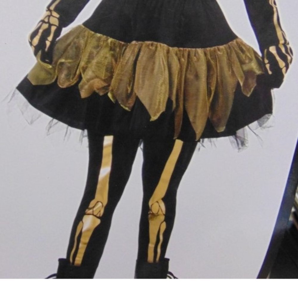 Skeleton Halloween Costume 4/6 Gold Black 4 Pc Skirt, Pants, Gloves Girls